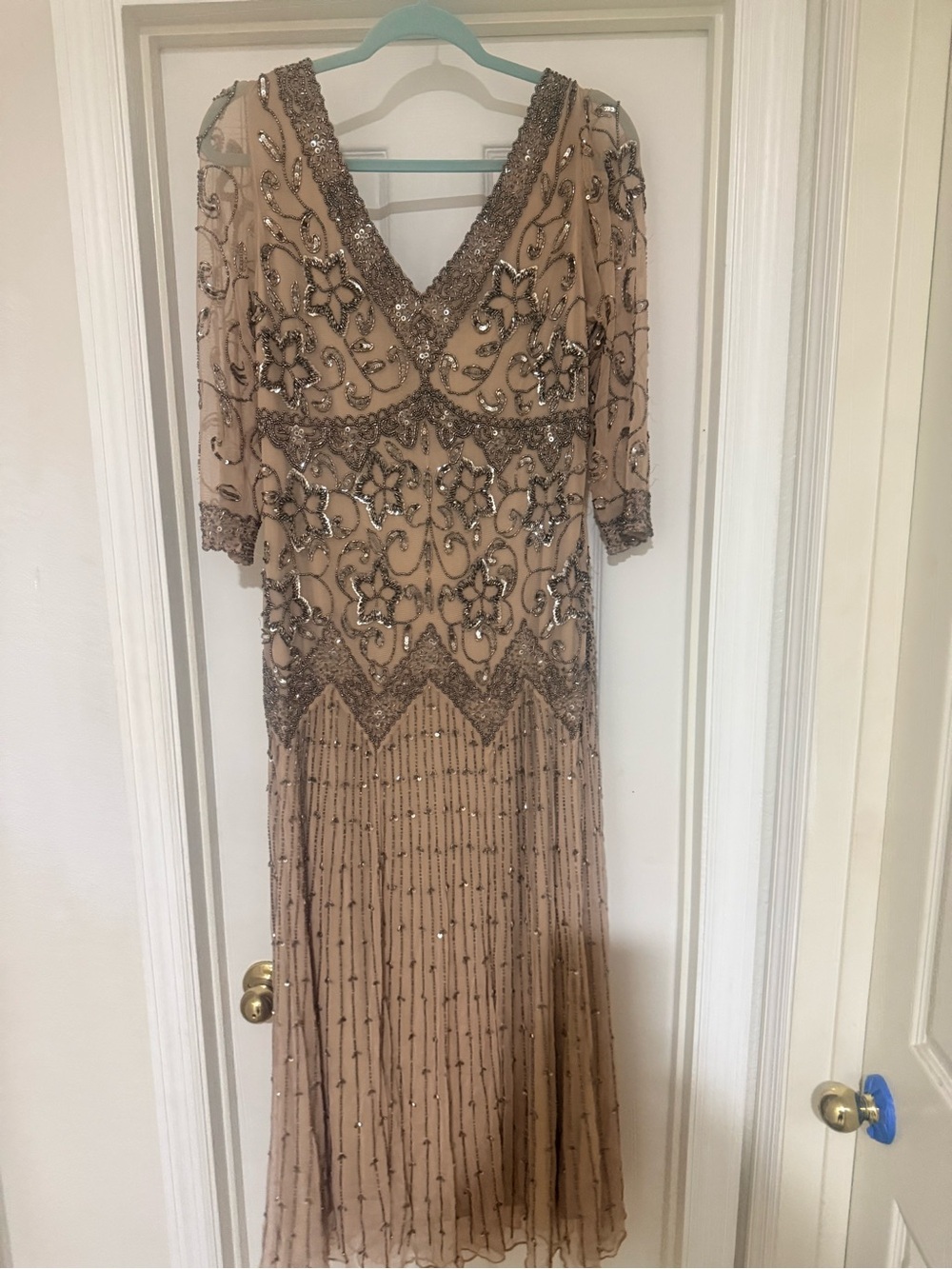 Pisarro Nights Taupe Beaded V-Neck Maxi Dress